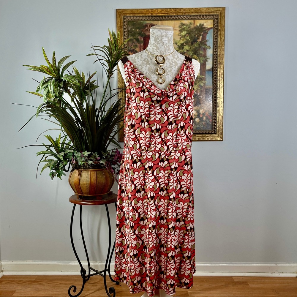 Jonathan Martin Midi Dress Womens 14 Red Brown Polyester Spandex Cowl Neck Retro